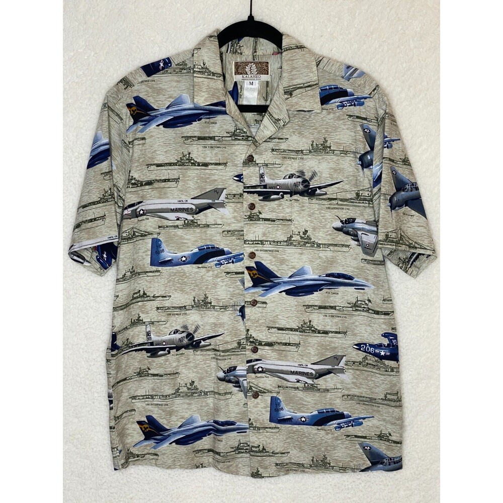 Vintage Kalaheo Shirt Mens Medium Hawaiian Button Up USS Oklahoma Marines USA‎